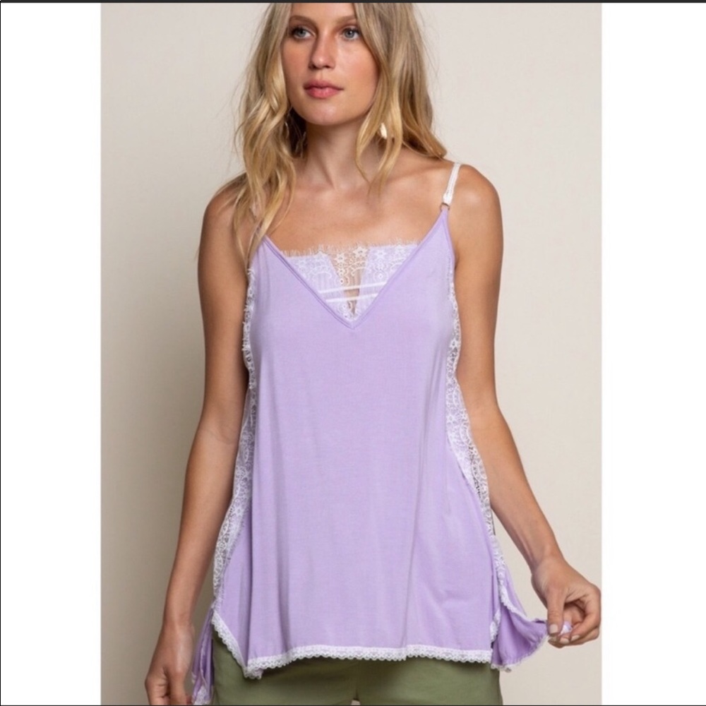 POL Lavender - Lace Tank Top Relaxed Fit Contemporary BOHO Tank Top
